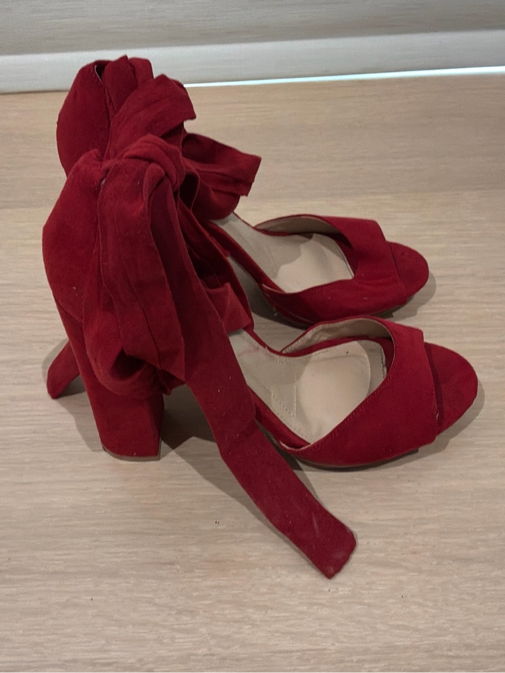Lulu's Red Suede Block Heel Sandals with Ankle Wrap